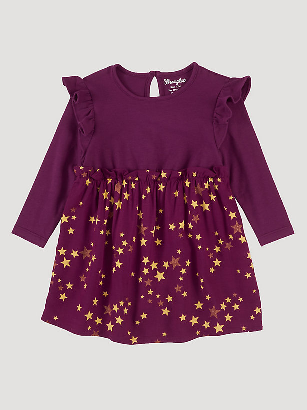 Baby Girl Long Sleeve Ruffle Trim Star Print Dress
