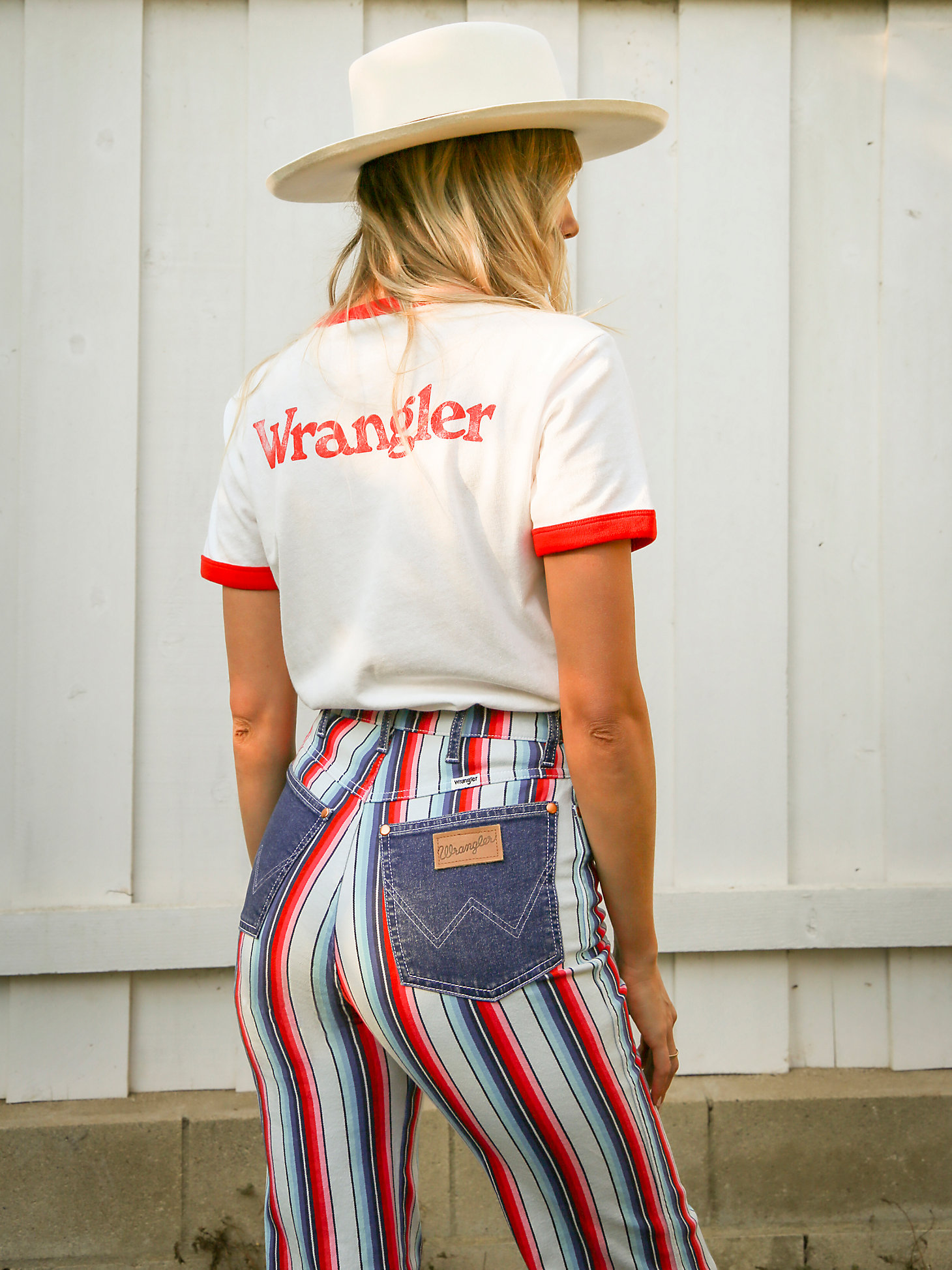 Women's Wrangler® Striped Wanderer 622 High Rise Flare Jean in Rainbow Stripe alternative view 1