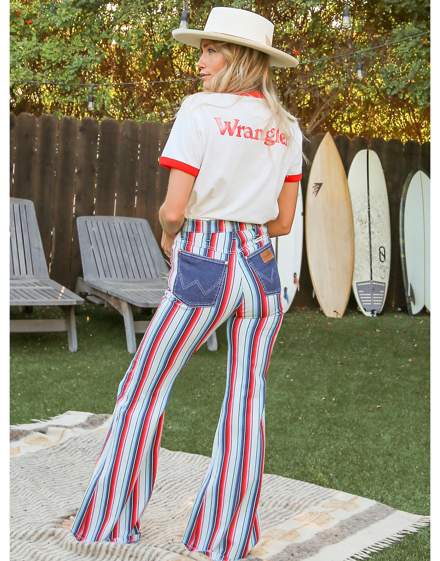 Women's Wrangler® Striped Wanderer 622 High Rise Flare Jean in Rainbow Stripe alternative view 2
