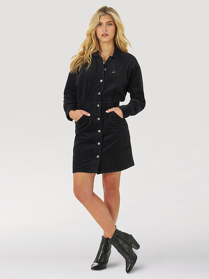 Women's Wrangler® Corduroy Shirtdress in Caviar Black main view