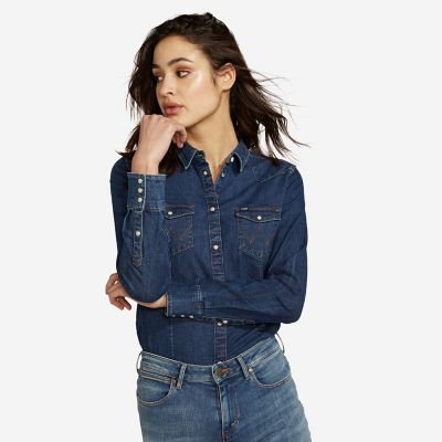 Womens Wrangler® Born Ready Slim Fit Western Snap Denim Shirt Womens Shirts By Wrangler® 3071