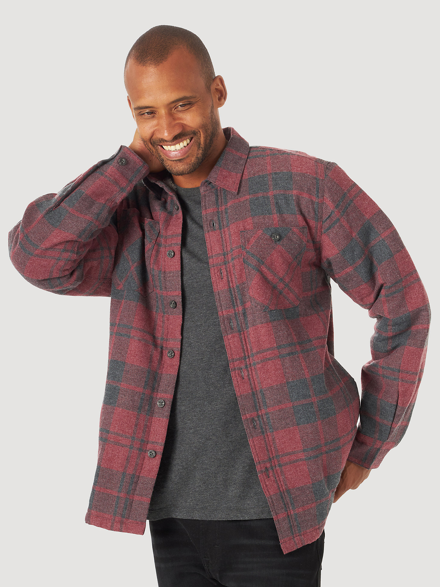 Men's Wrangler® Authentics Sherpa Lined Flannel Shirt in Zinfindel Heather main view