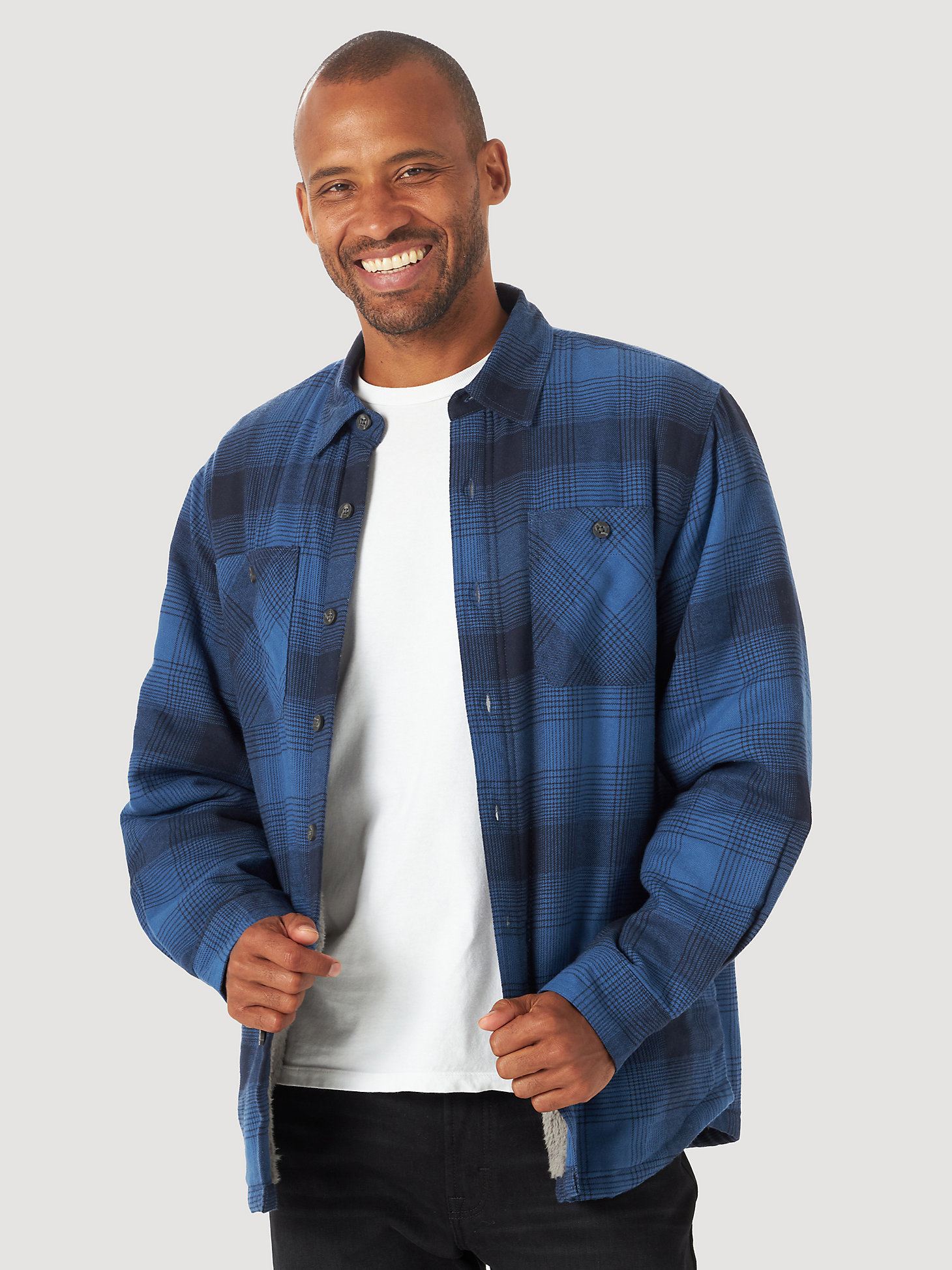 Men's Wrangler® Authentics Sherpa Lined Flannel Shirt in Blue main view