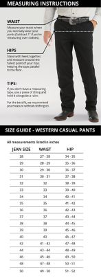size chart pants mens